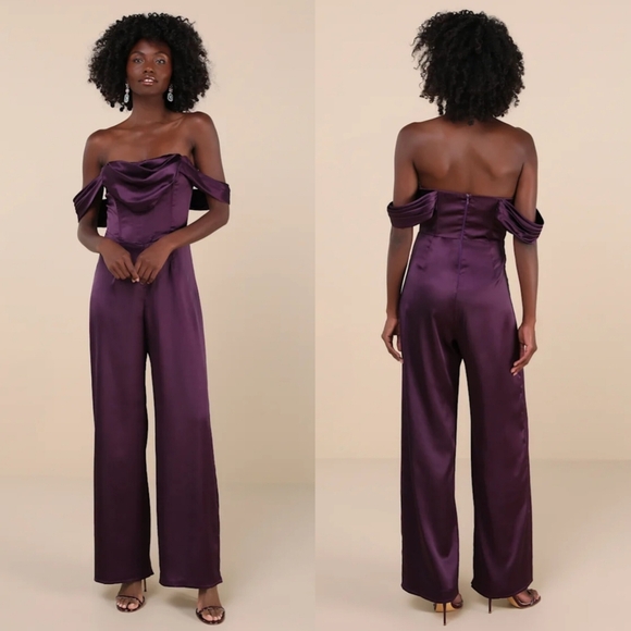 Lulus Unbelievable Aura Dark Purple Satin Off-the-Shoulder Jumpsuit M Wedding - Picture 1 of 10